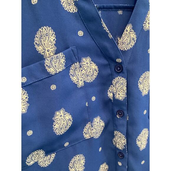 Express Portofino Shirt Size M Royal Blue Paisley Roll Tab Sleeve Work Office - Picture 5 of 9